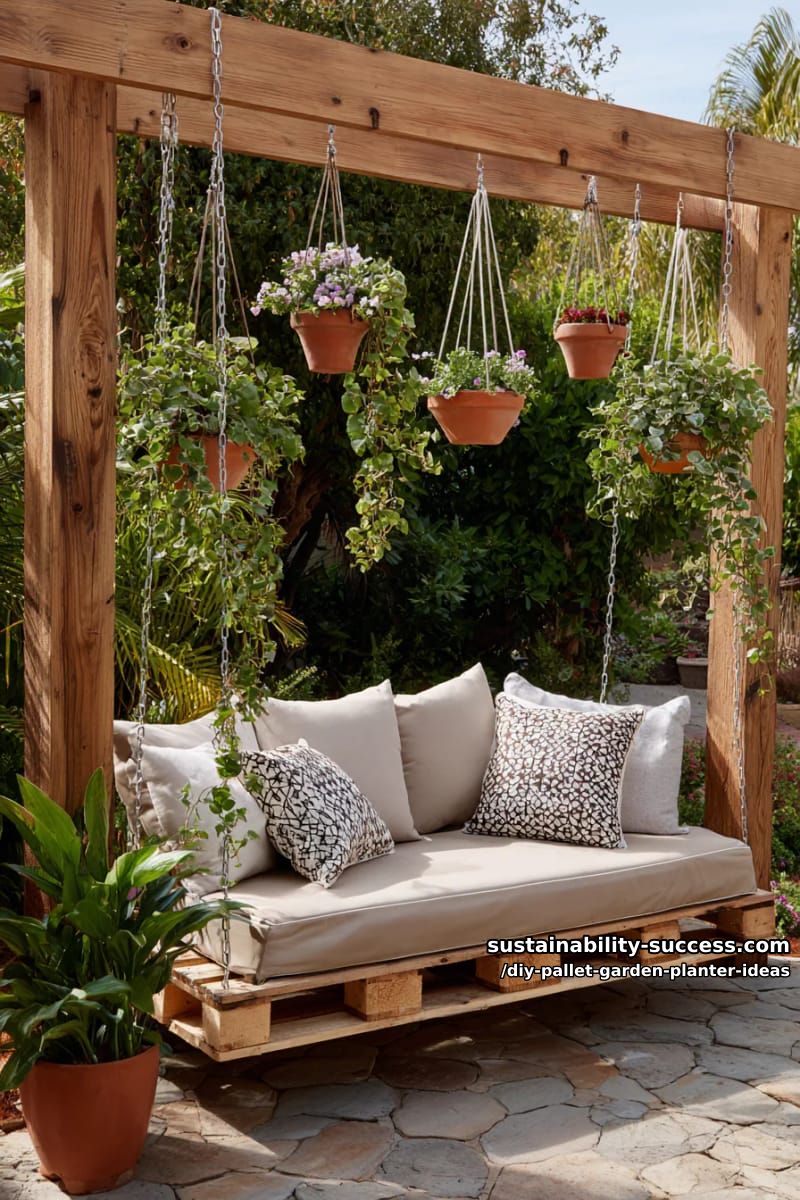 pallet swing seat with cascading hanging planters on the frame 1
