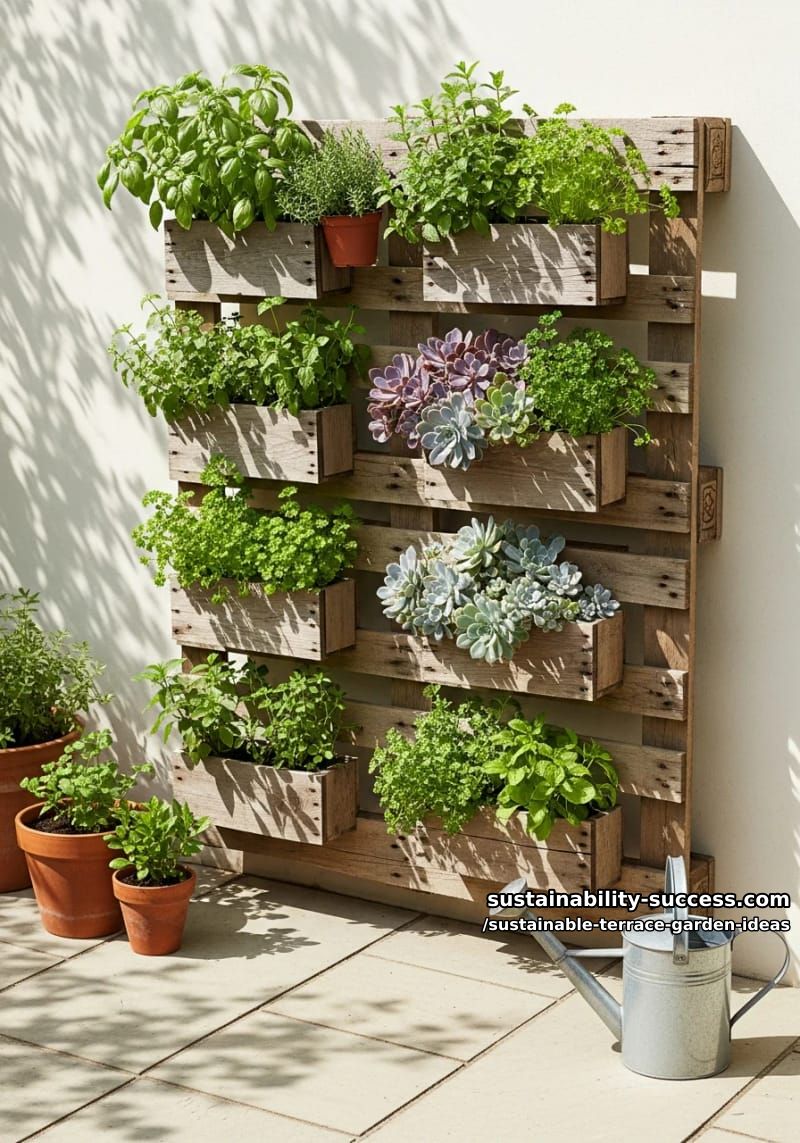 pallet wall vertical garden with cascading herbs and succulents 1