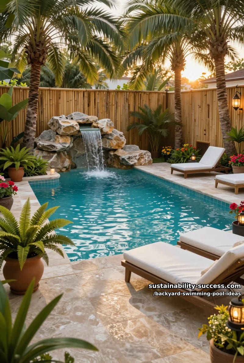 palm tree-framed pool oasis with bamboo fence and stone waterfall 1