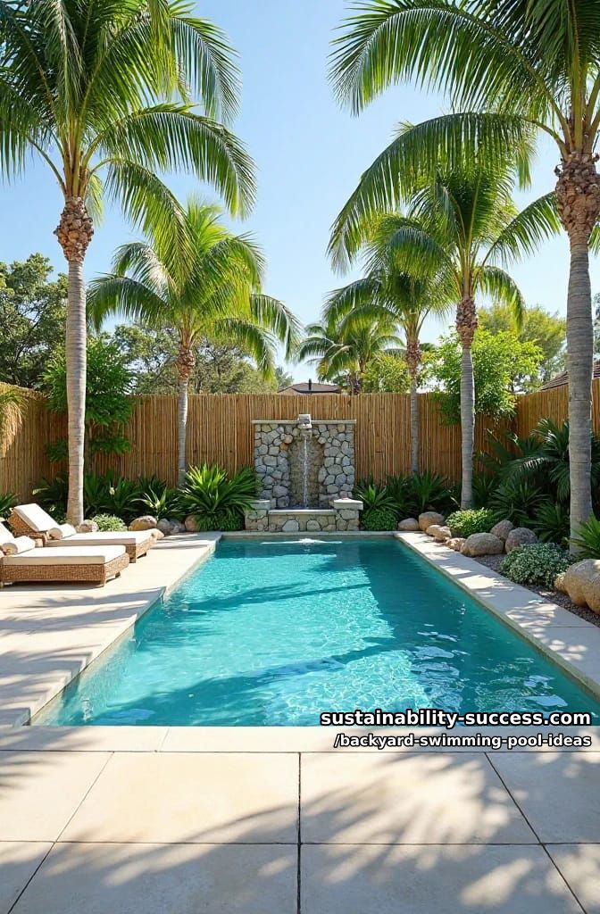 palm tree-framed pool oasis with bamboo fence and stone waterfall 1