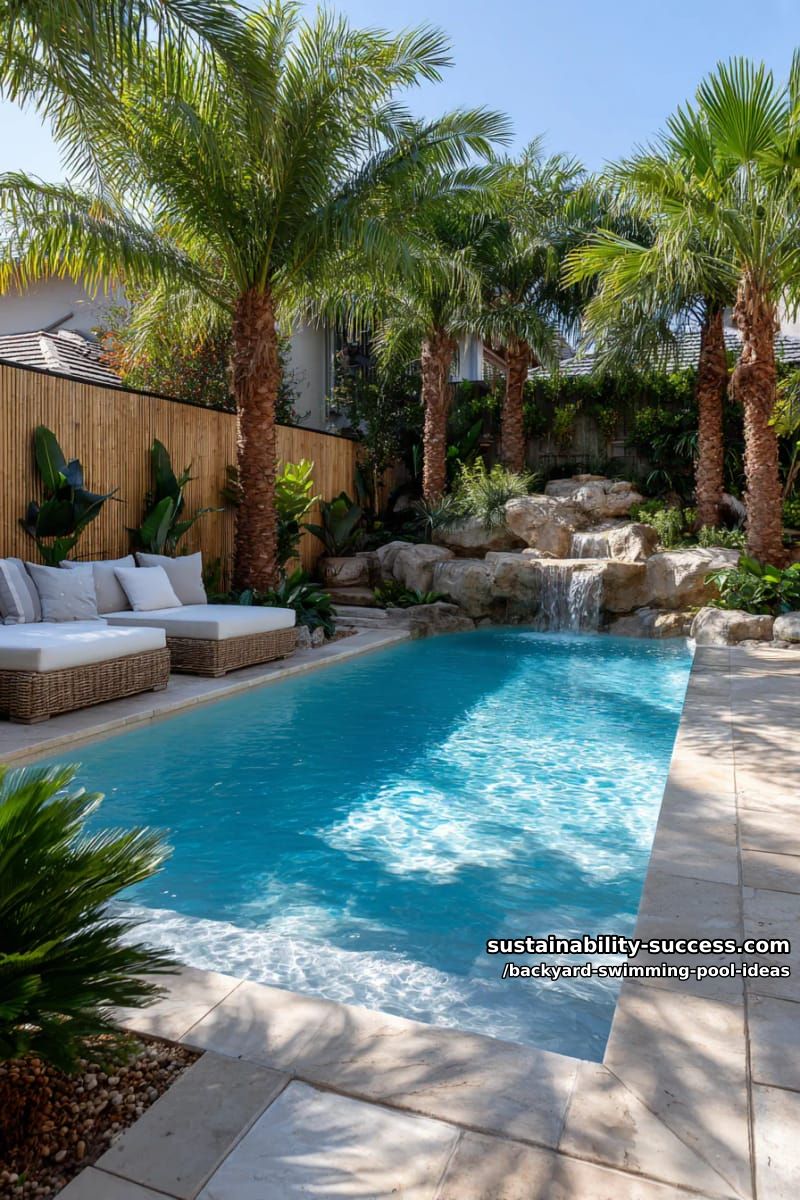 palm tree-framed pool oasis with bamboo fence and stone waterfall 1