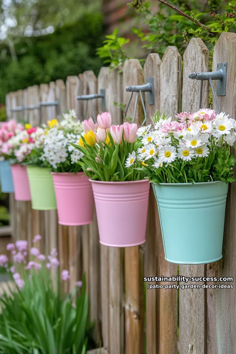 pastel-painted garden buckets filled with fresh blooms hanging along fences 1