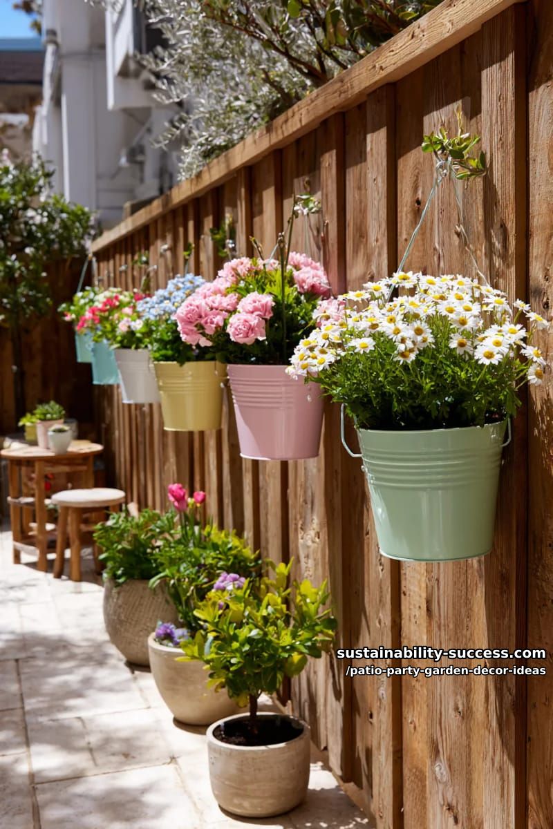 pastel-painted garden buckets filled with fresh blooms hanging along fences 1