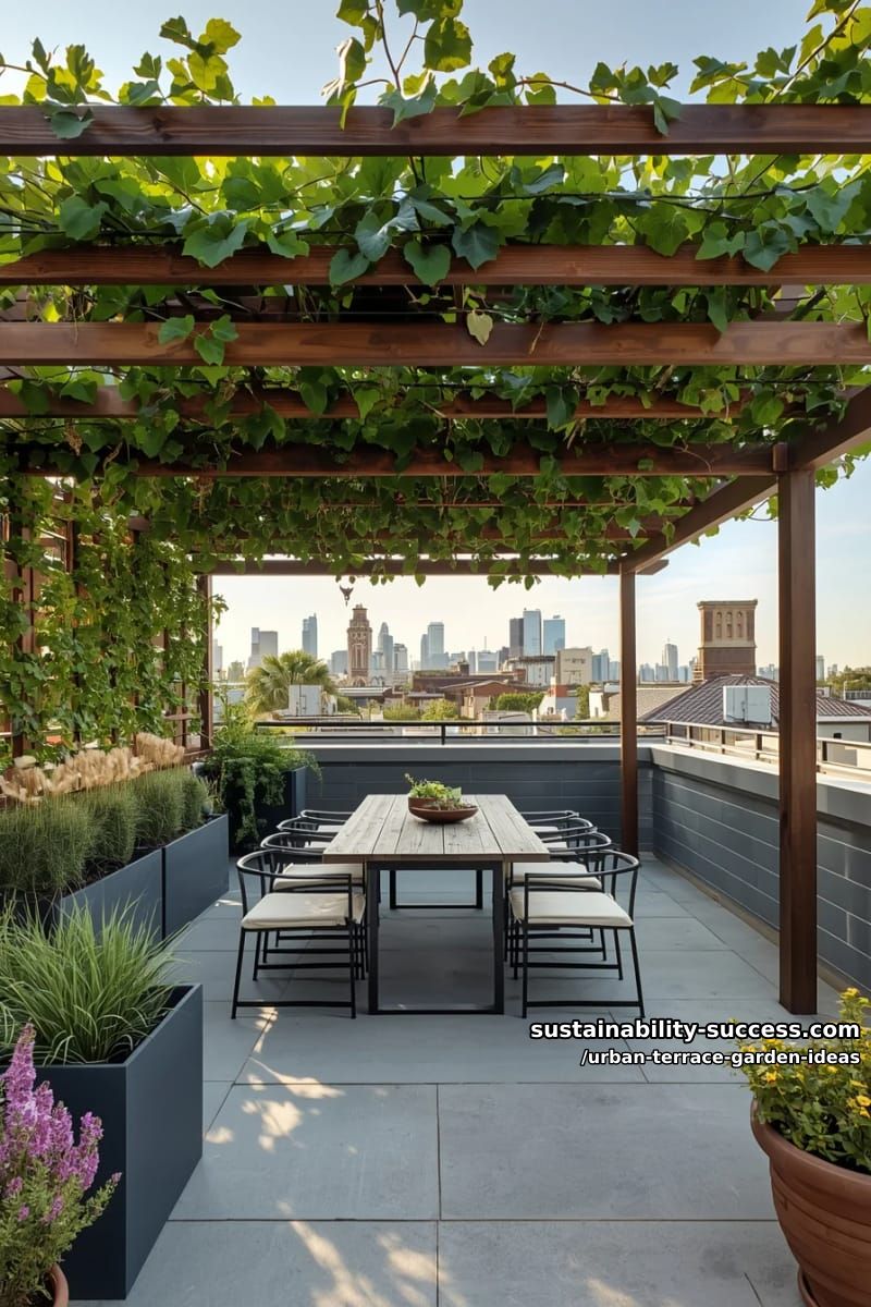 pergola draped with grapevines over modern outdoor dining set 1