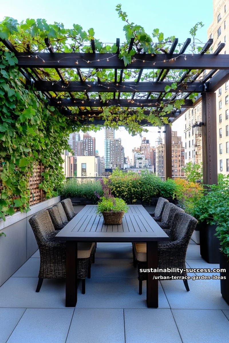 pergola draped with grapevines over modern outdoor dining set 1