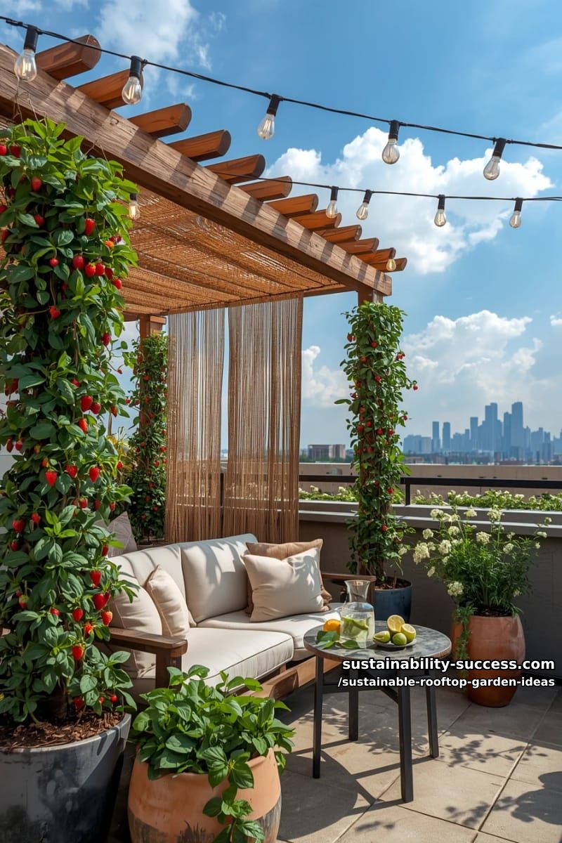 pergola-shaded patio with vertical strawberry towers and fairy lights 1