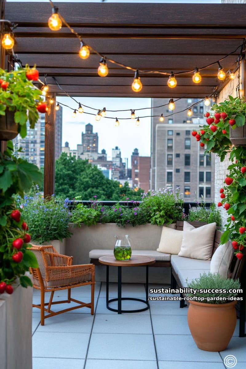 pergola-shaded patio with vertical strawberry towers and fairy lights 1