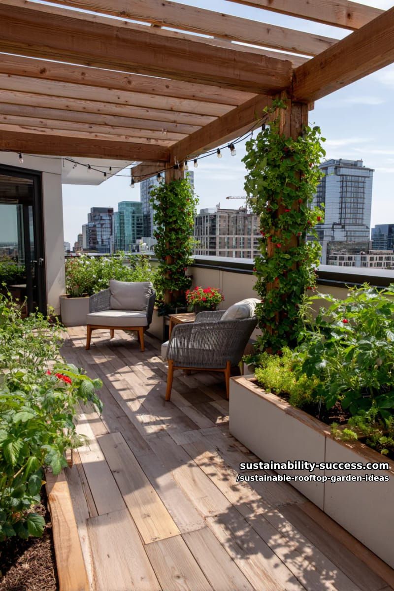 pergola-shaded patio with vertical strawberry towers and fairy lights 1