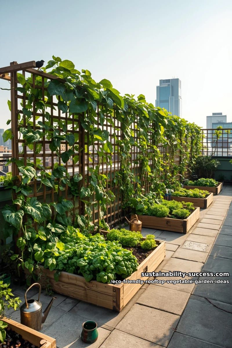 perimeter trellis for climbing beans and cucumbers doubling as privacy screen 1