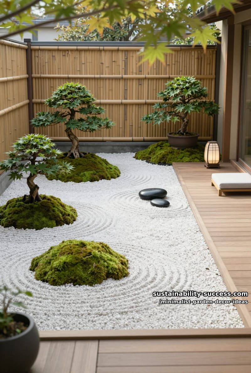 petite japanese zen corner with raked gravel and moss balls 1