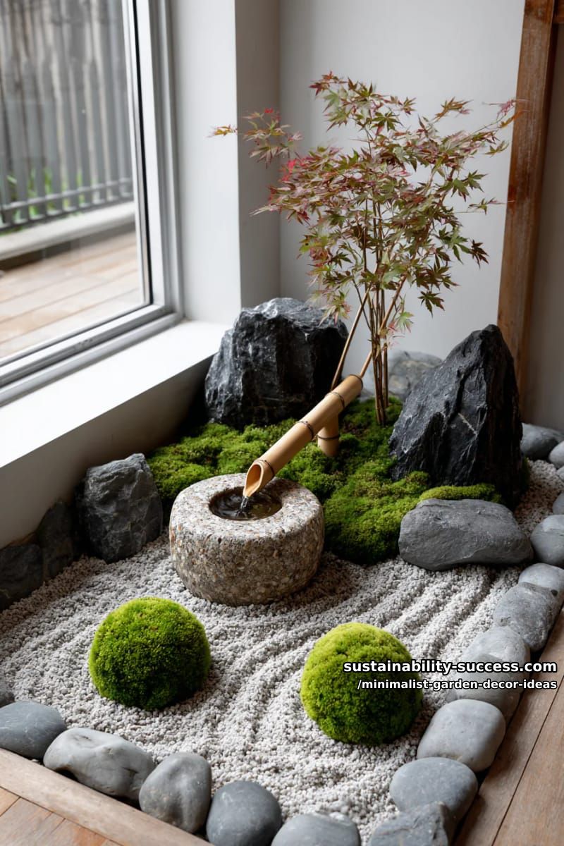 petite japanese zen corner with raked gravel and moss balls 1