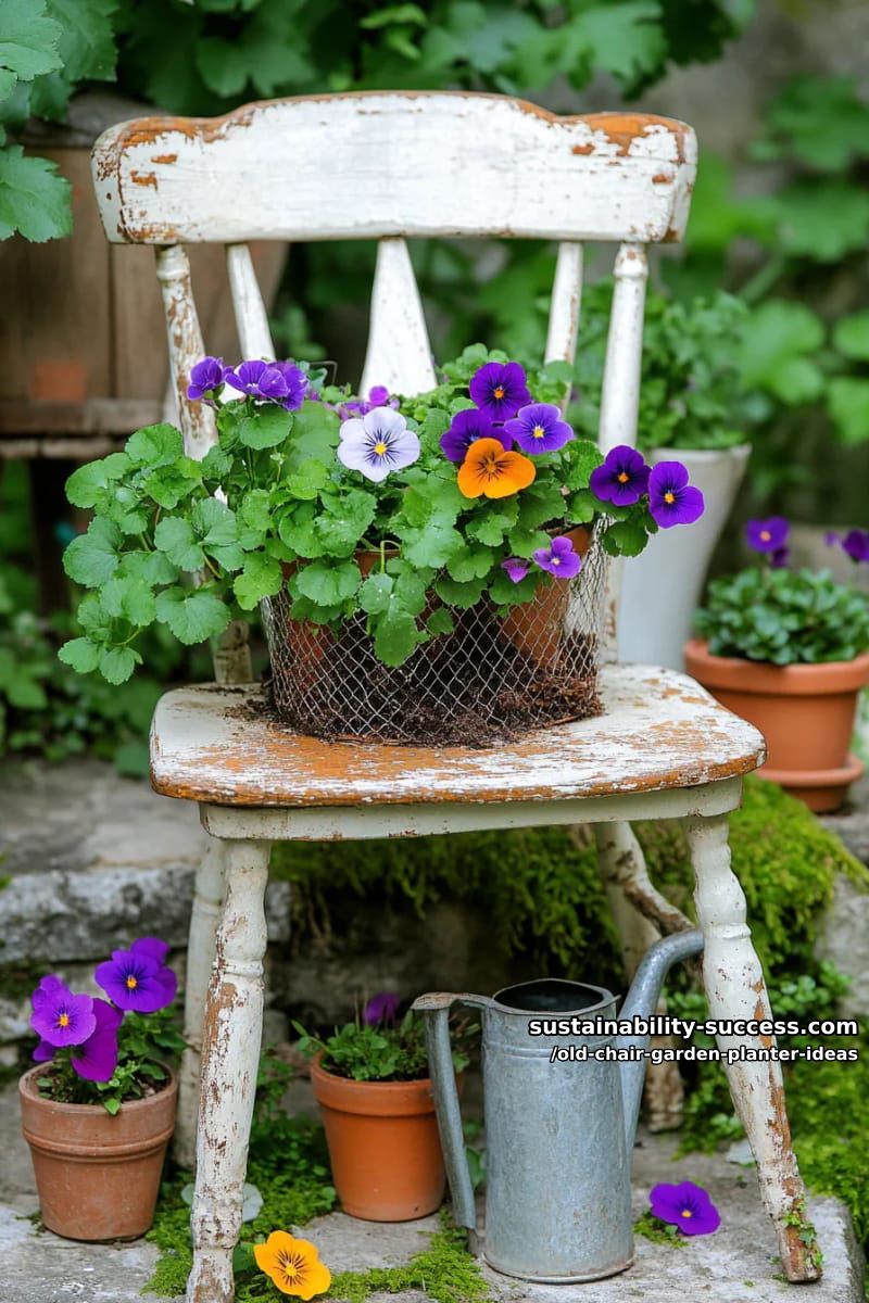 place wire mesh in the seat and plant a mix of trailing vines and violas 1