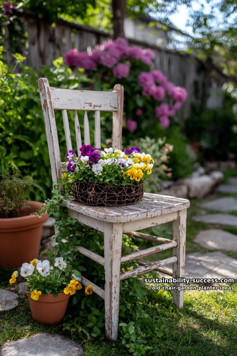 place wire mesh in the seat and plant a mix of trailing vines and violas 1