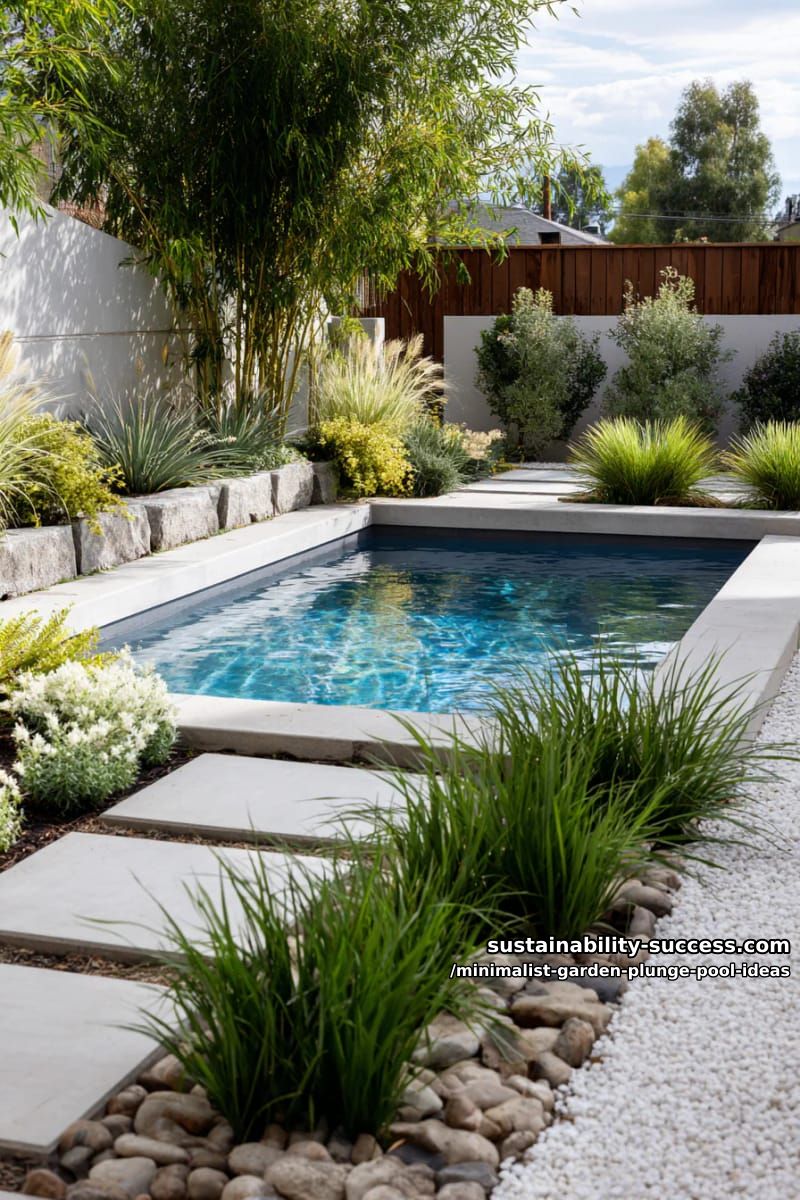 plunge pool with geometric stepping stones and sculptural grasses 1