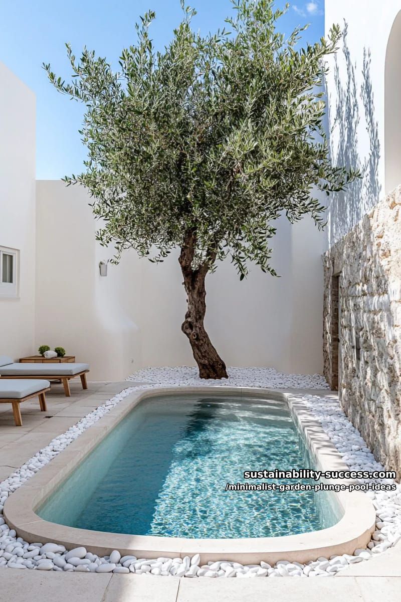 plunge pool with single olive tree and white pebble border 1