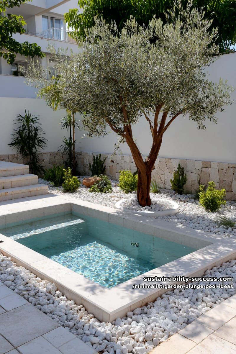 plunge pool with single olive tree and white pebble border 1