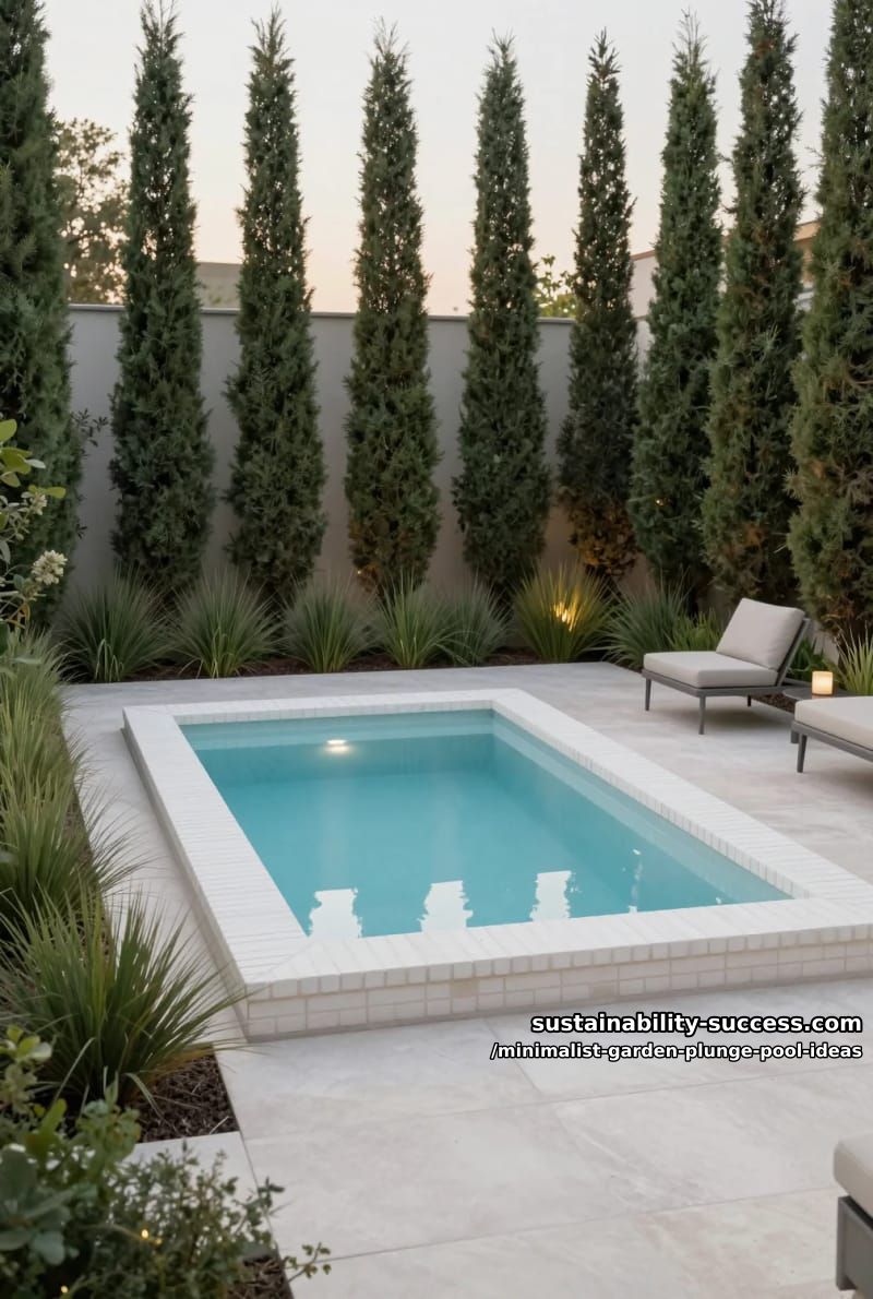 plunge pool with white brick border and tall, skinny cypress trees 1