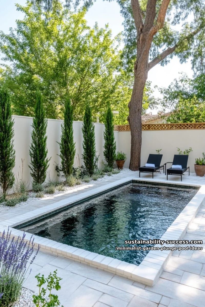 plunge pool with white brick border and tall, skinny cypress trees 1