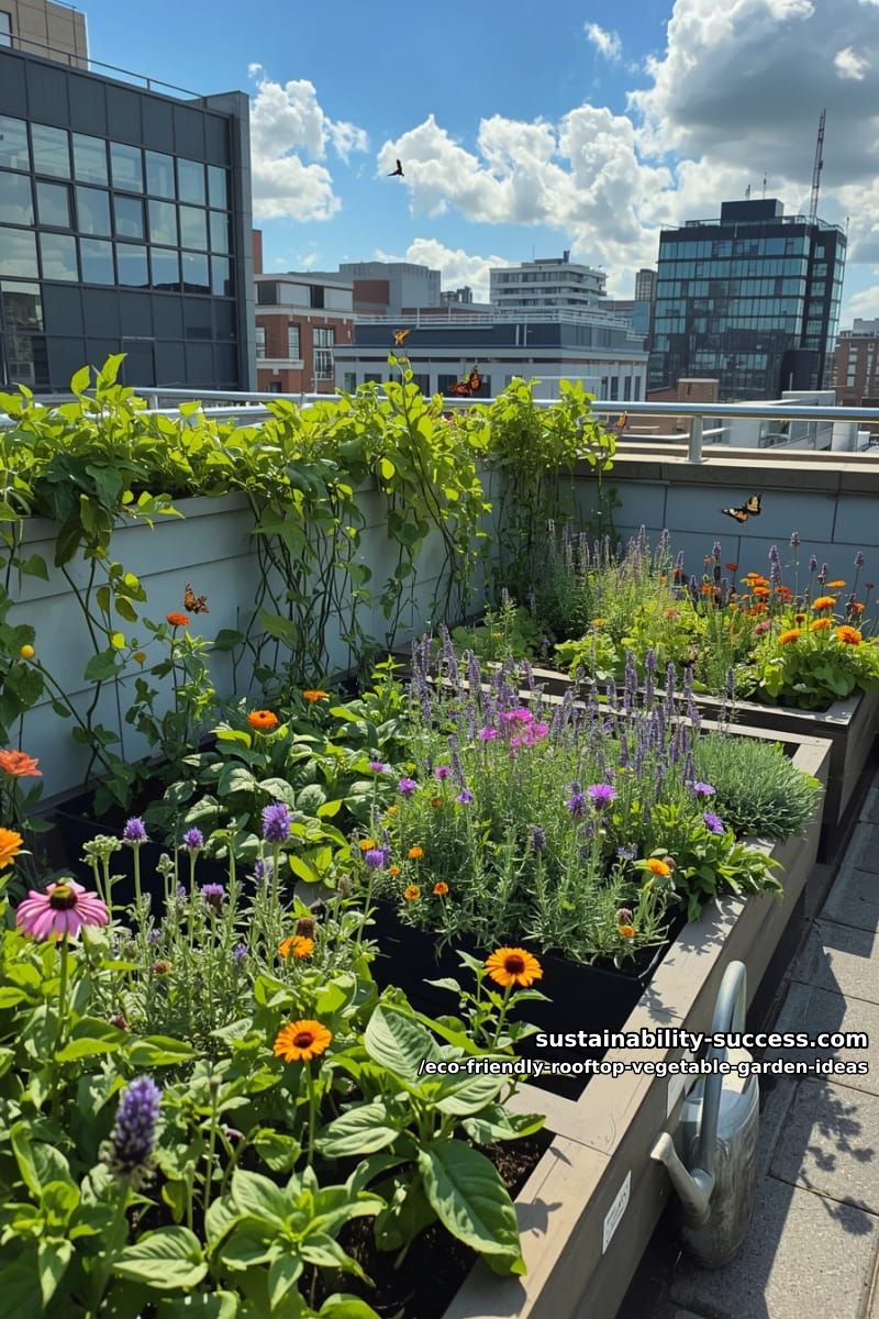 pollinator-friendly rooftop meadow patches mixed with dwarf vegetable plants 1