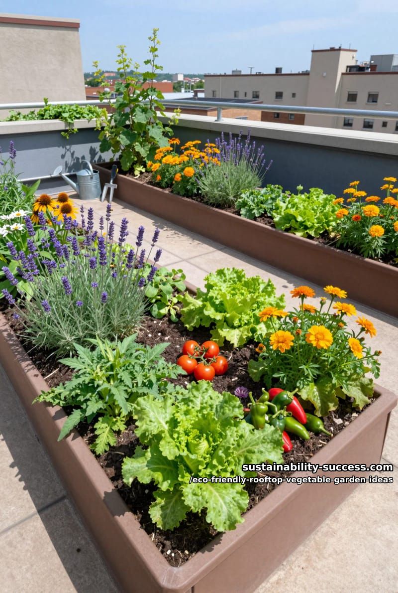 pollinator-friendly rooftop meadow patches mixed with dwarf vegetable plants 1