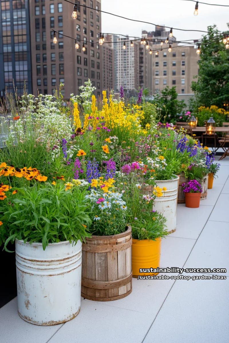 pollinator-friendly rooftop wildflower meadow with upcycled planters 1