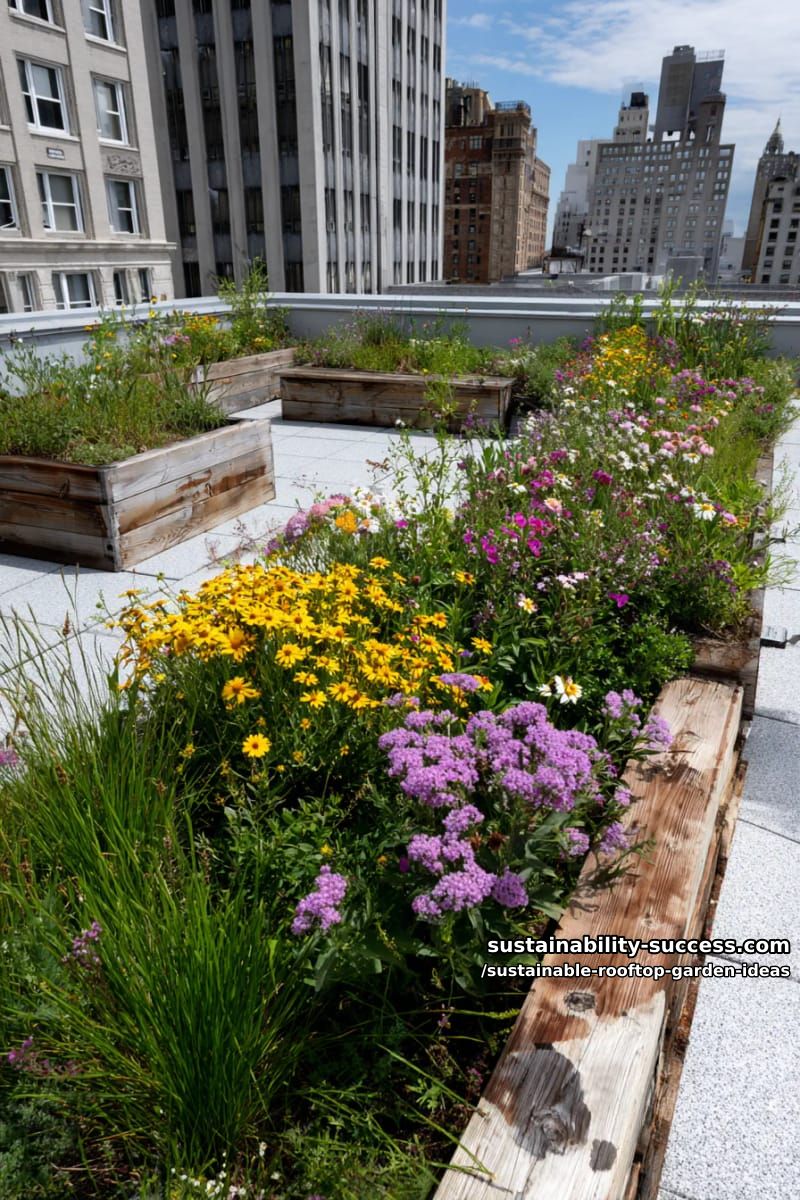 pollinator-friendly rooftop wildflower meadow with upcycled planters 1