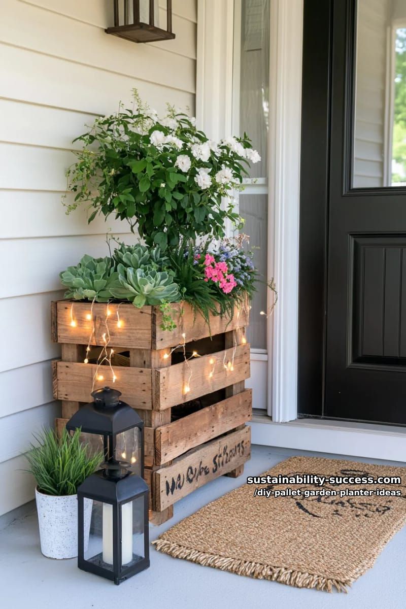 porch entrance planter crafted from stained pallets and fairy lights 1