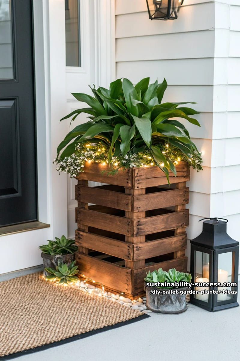 porch entrance planter crafted from stained pallets and fairy lights 1