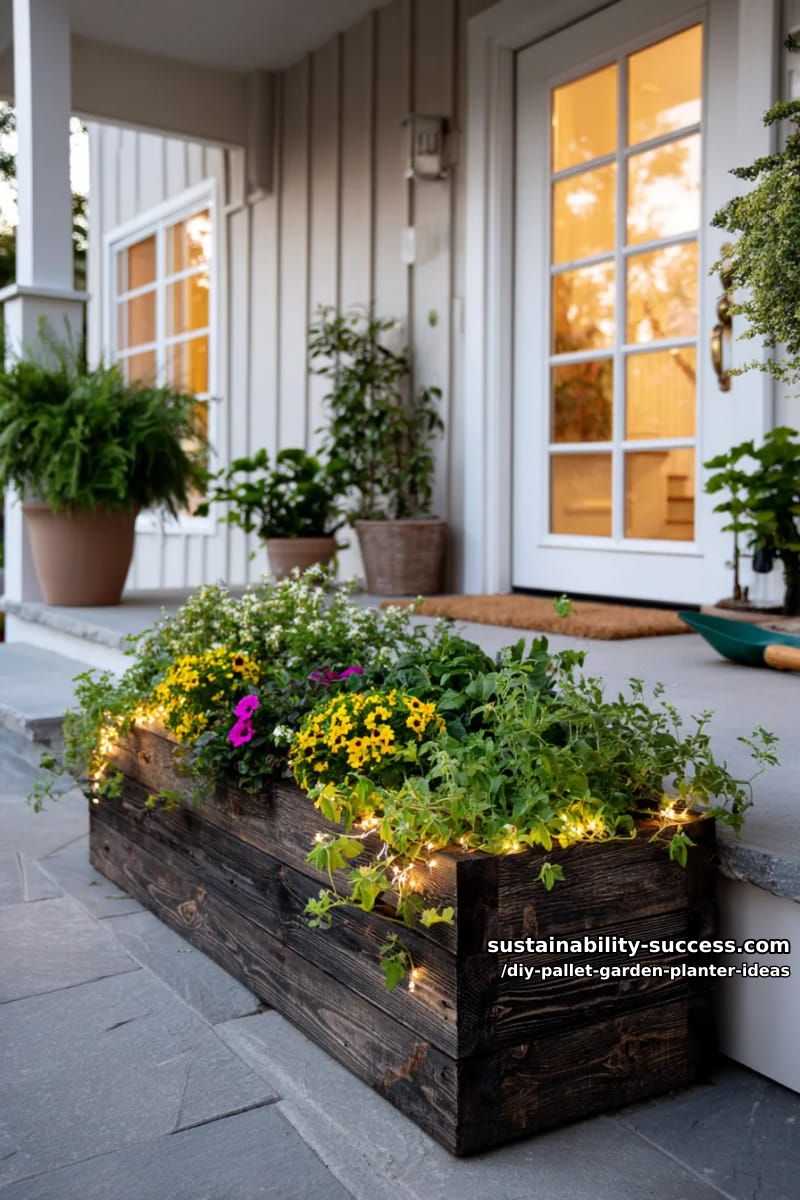 porch entrance planter crafted from stained pallets and fairy lights 1