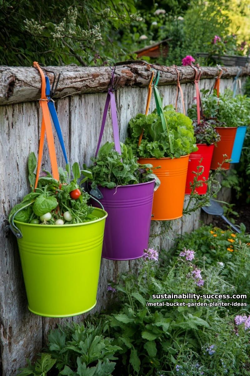 rainbow-colored buckets on a fence, each with different vegetables growing 1