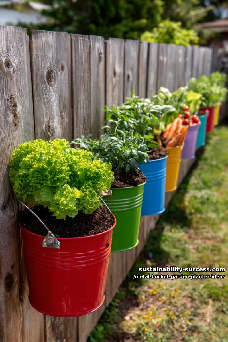 rainbow-colored buckets on a fence, each with different vegetables growing 1