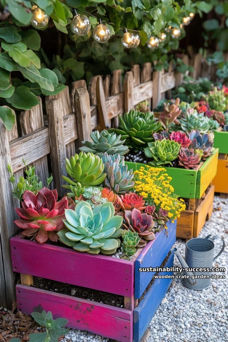 rainbow-painted crate planters for vibrant succulents along a garden fence 1