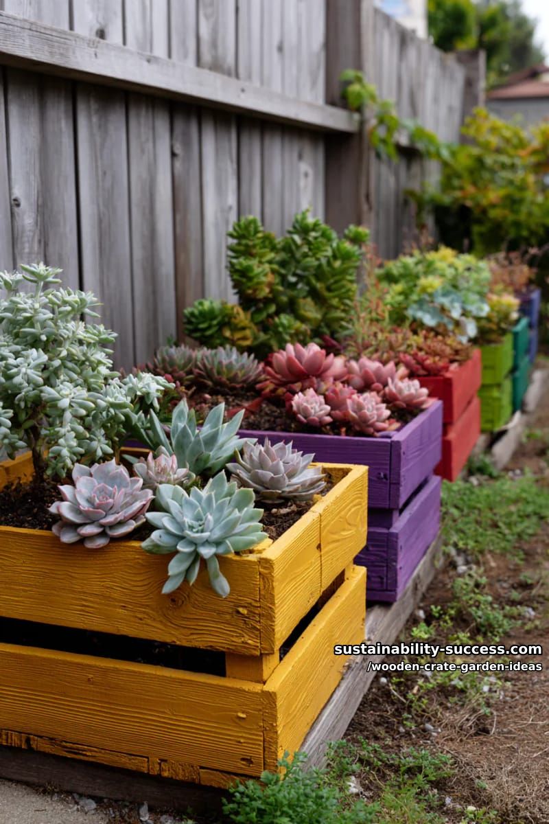rainbow-painted crate planters for vibrant succulents along a garden fence 1