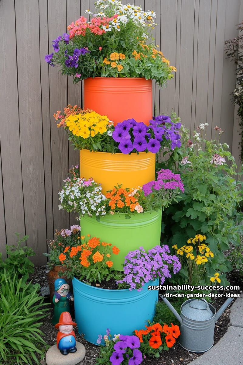 rainbow-painted tin can flower towers for vibrant vertical garden accents 1
