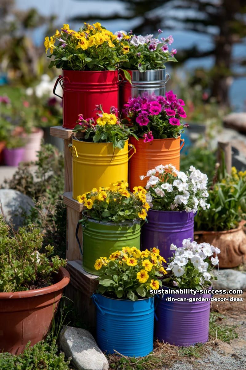 rainbow-painted tin can flower towers for vibrant vertical garden accents 1