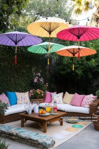 rainbow parasols doubled as hanging flower planters for playful decor 34