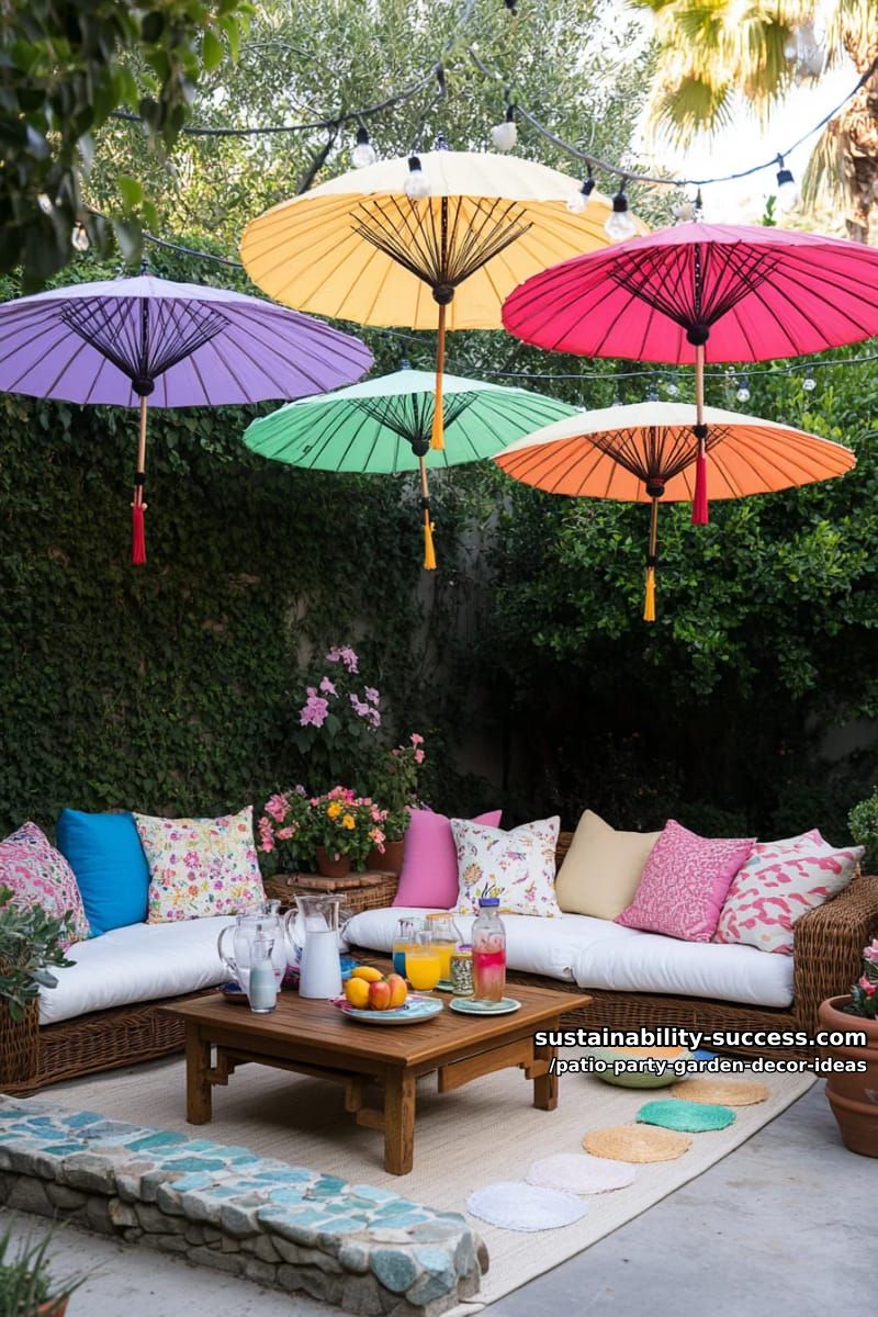 rainbow parasols doubled as hanging flower planters for playful decor 1