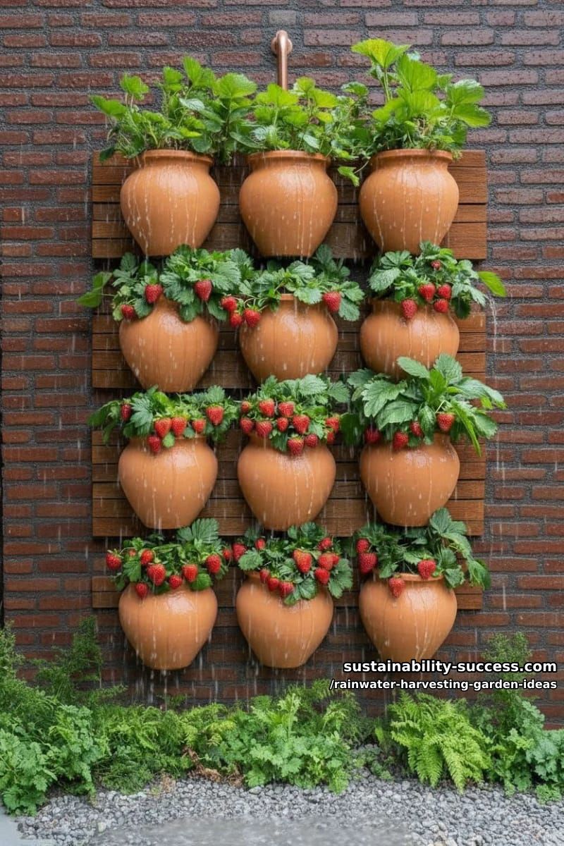 rainwater-fed wall garden with cascading jars of strawberries and mint 1