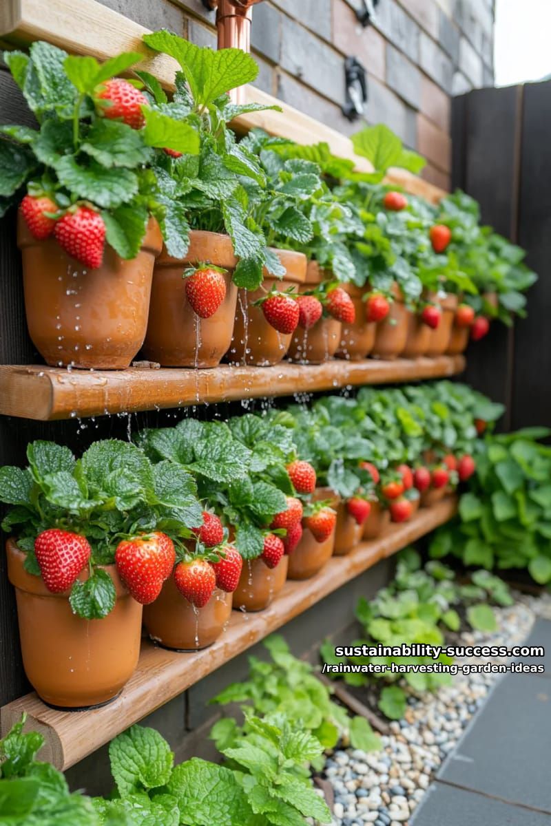 rainwater-fed wall garden with cascading jars of strawberries and mint 1