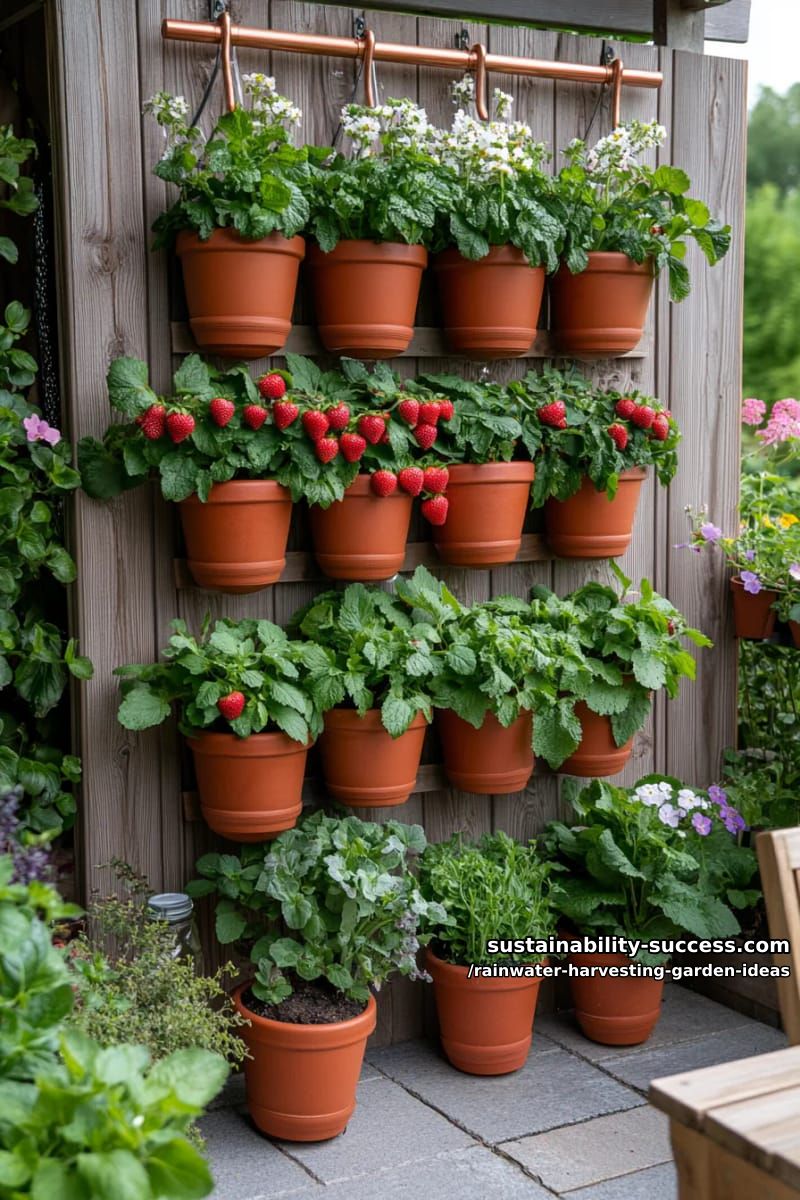 rainwater-fed wall garden with cascading jars of strawberries and mint 1