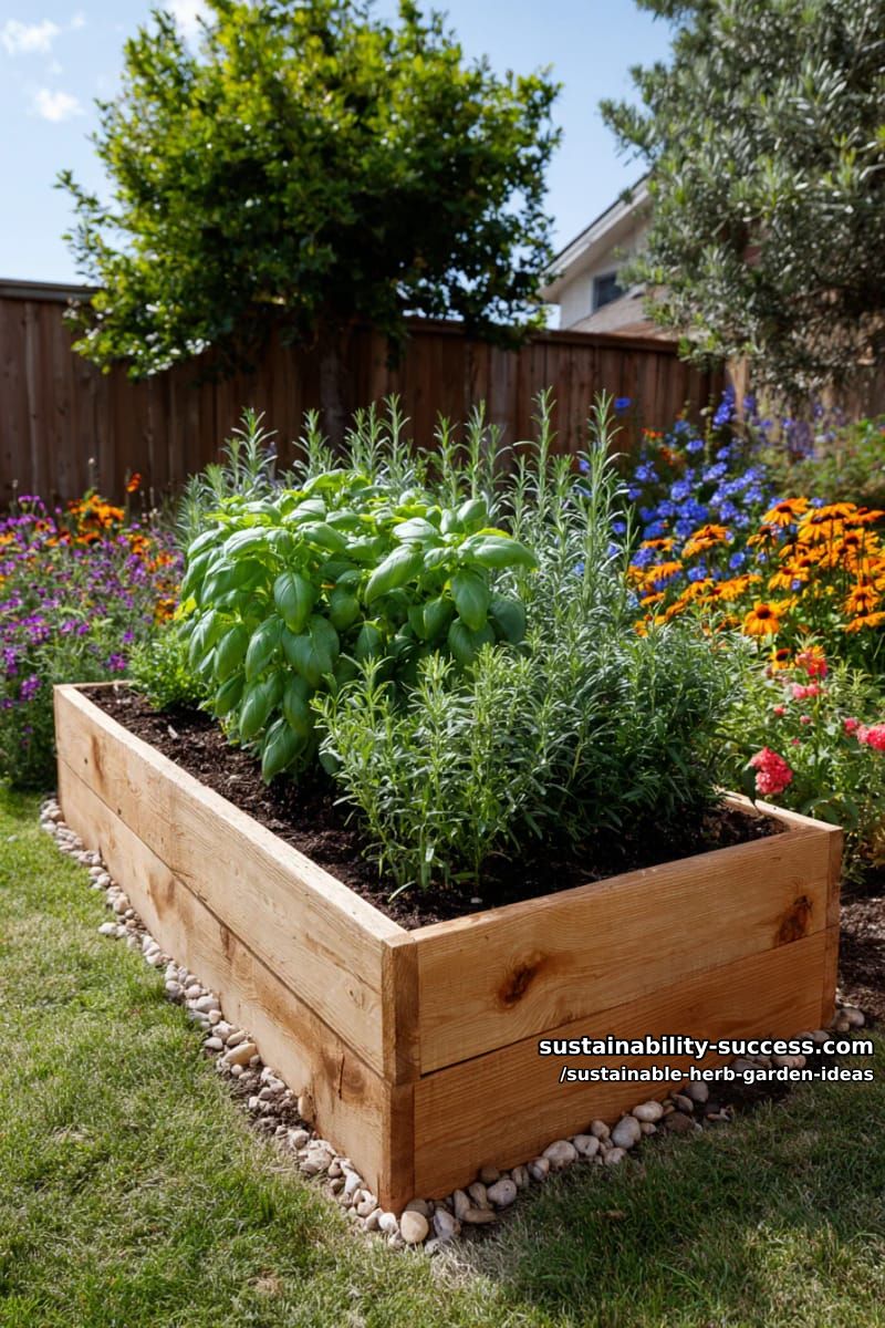 raised bed herb garden bordered by wildflowers for pollinator support 1