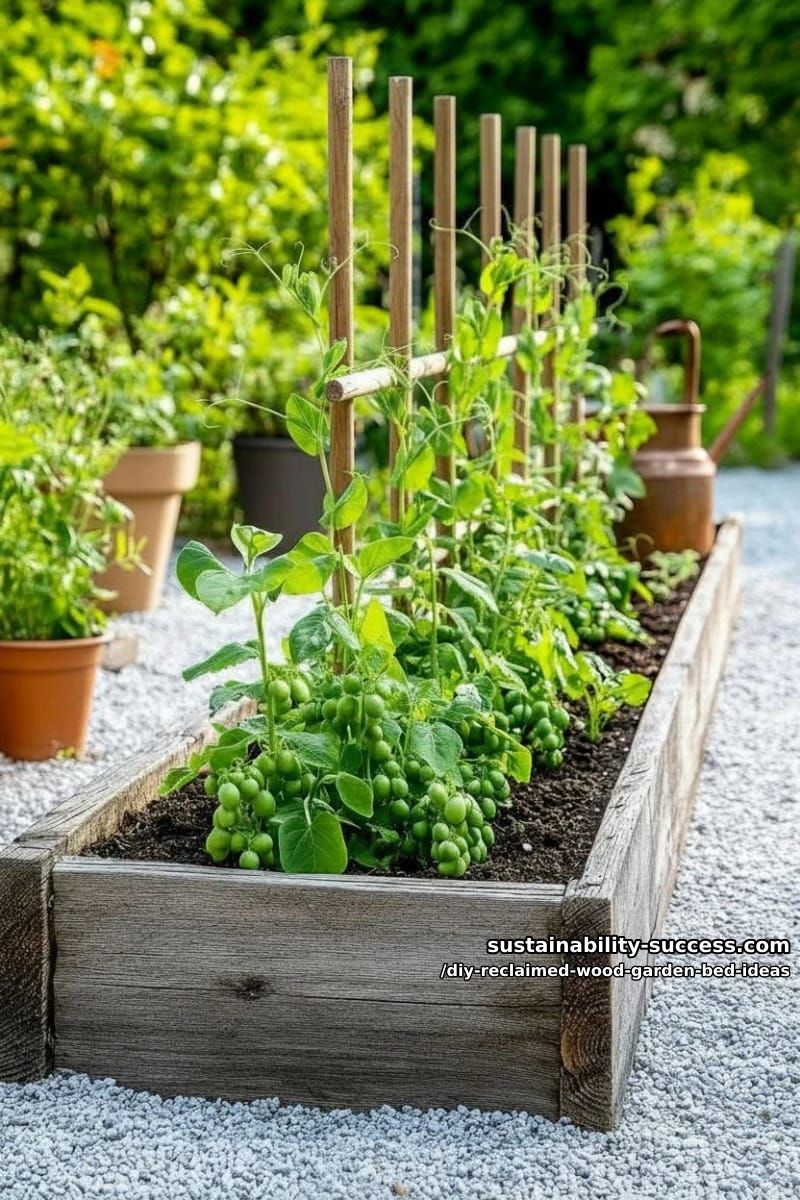 15 DIY Reclaimed Wood Garden Bed Ideas for Vibrant Backyards 20 reclaimed wood trough planter with built-in side trellis for peas 1