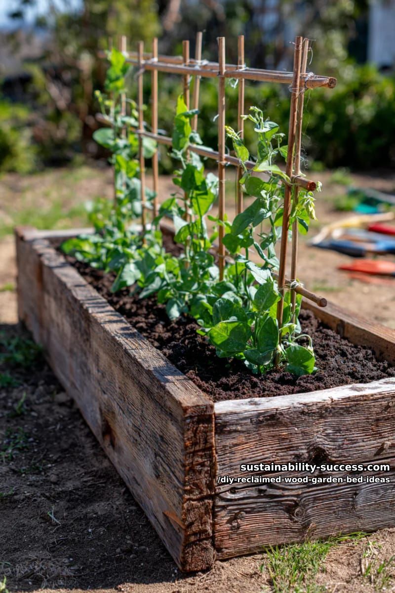 15 DIY Reclaimed Wood Garden Bed Ideas for Vibrant Backyards 21 reclaimed wood trough planter with built-in side trellis for peas 1