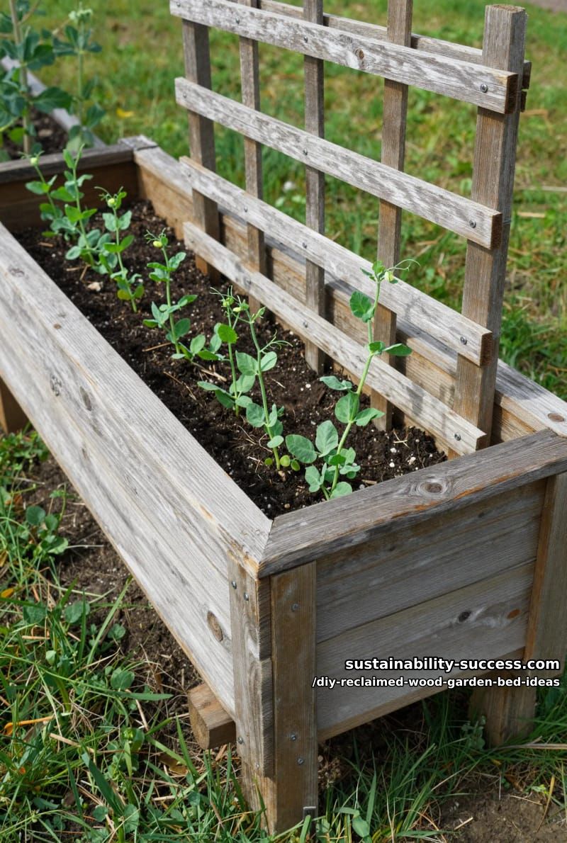 15 DIY Reclaimed Wood Garden Bed Ideas for Vibrant Backyards 22 reclaimed wood trough planter with built-in side trellis for peas 1