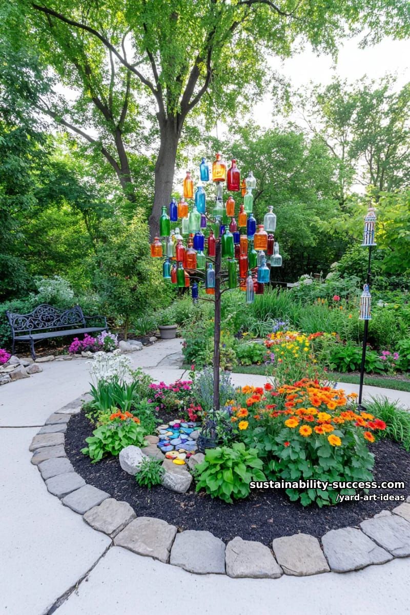 recycled bottle tree with colorful glass bottles catching sunlight 1