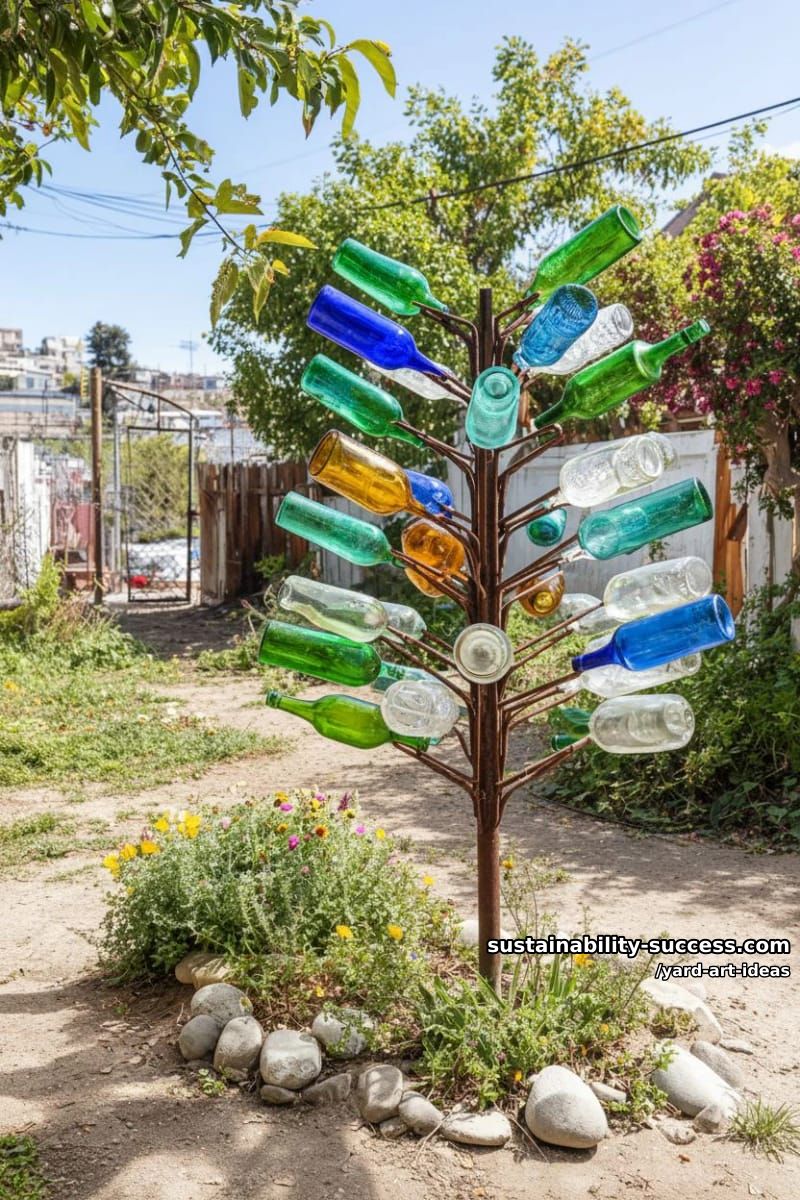 recycled bottle tree with colorful glass bottles catching sunlight 1