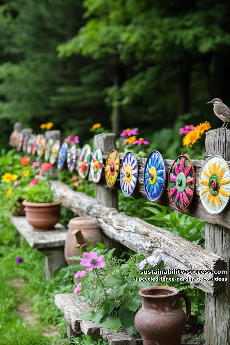 recycled metal lids painted as sunflowers and screwed onto faded fence sections 1