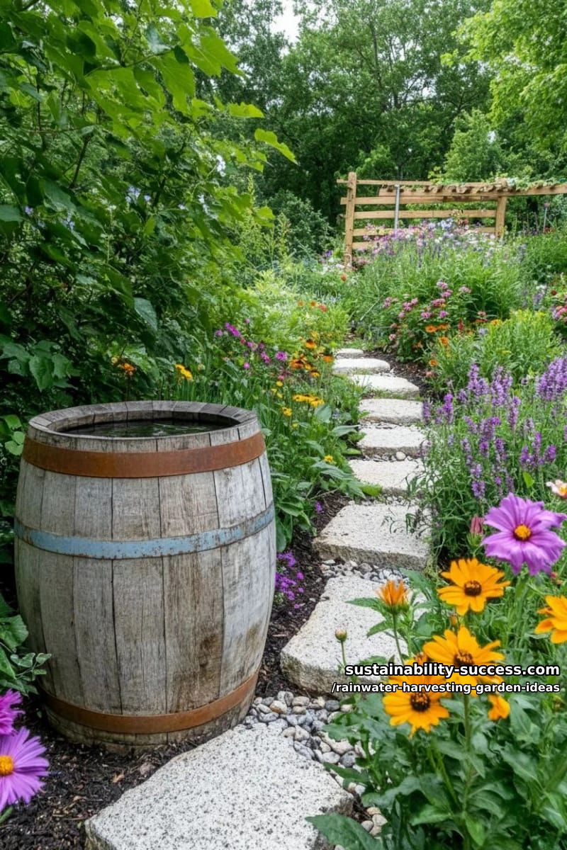 recycled wine barrel rainwater collector surrounded by pollinator flower beds 1