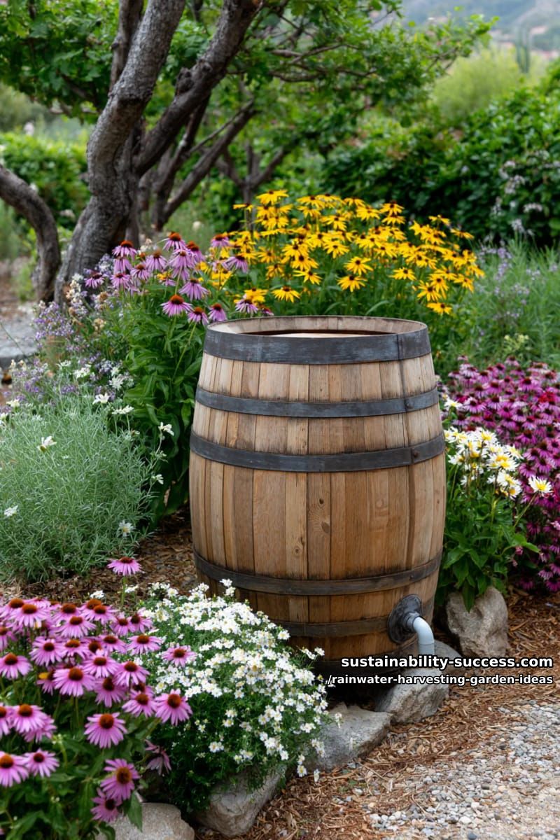 recycled wine barrel rainwater collector surrounded by pollinator flower beds 1