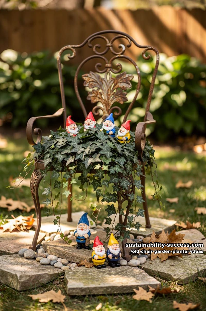 repurpose a vintage metal chair with trailing ivy and garden gnomes 1